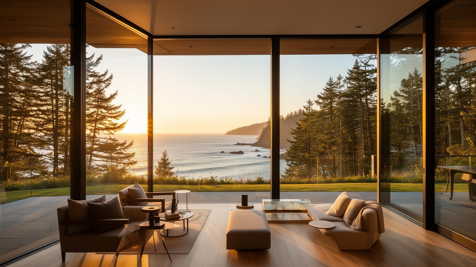 Waterfront vacation rental home in Point Roberts, Washington with Pacific Northwest coastline at golden hour